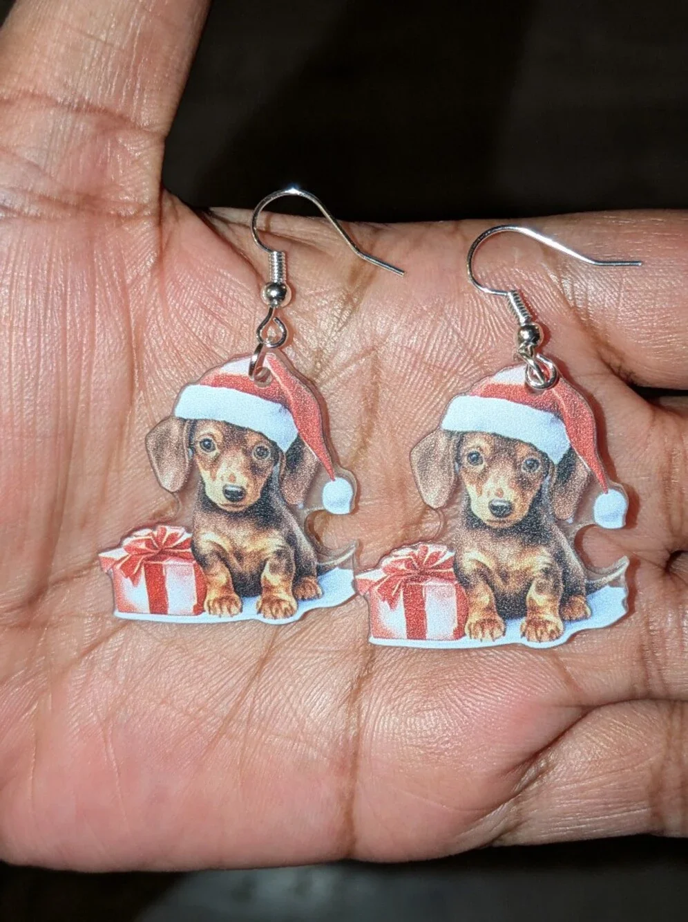 Hand Crafted Dachshund in Santa Hat Acrylic Drop Earrings - Red & Brown